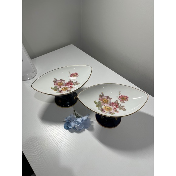 Schumann Arzberg Wild Rose Echt Cobalt Pedestal Compote Dishes Pair Bavaria